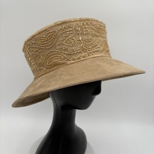 Whittall & Shon‎ Womens Hat Beige Fancy Party Brim High Crown Suede Beaded VTG